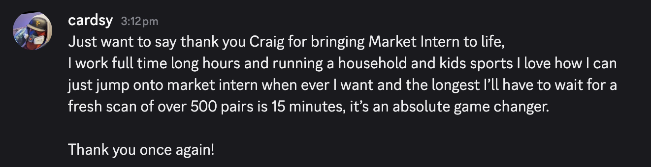 Discord message from member cardsy thanking Craig: the longest wait for a fresh scan of over 500 pairs is 15 minutes — an absolute game changer