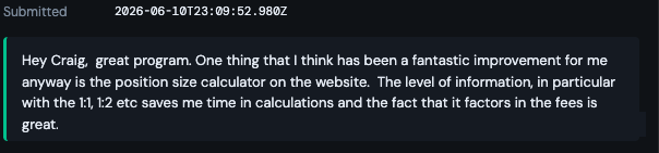 Feedback-form submission from member Kai praising the position size calculator and the fact it factors in fees